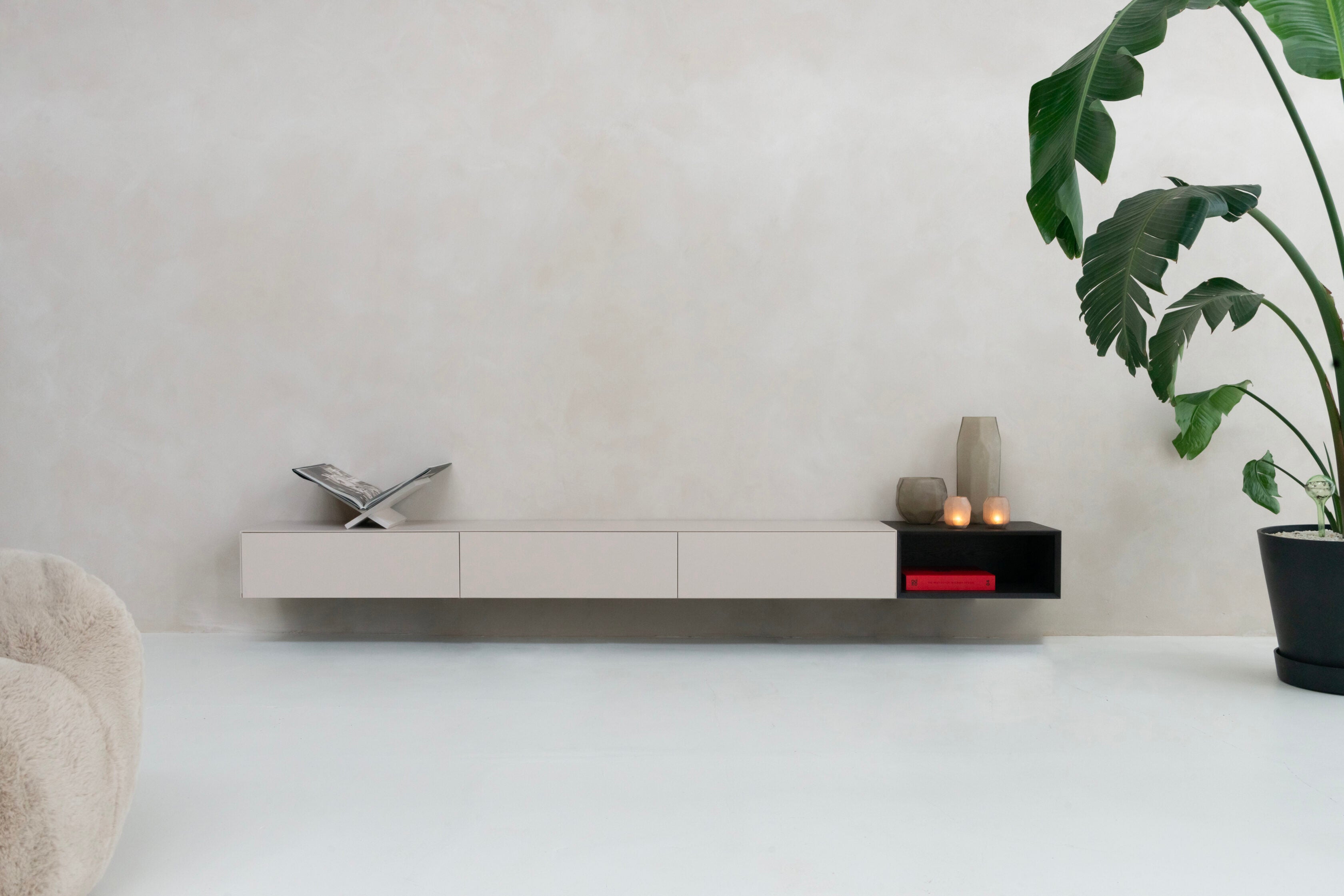 TV-meubel Zyan - Zwevend - Beige - MDF - 3 kleppen - Open vak