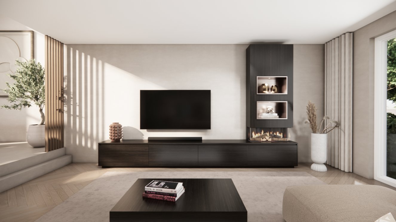 TV-meubel Mason Excellent - Eiken - 4 kleppen - Elektrische haard - Met koof