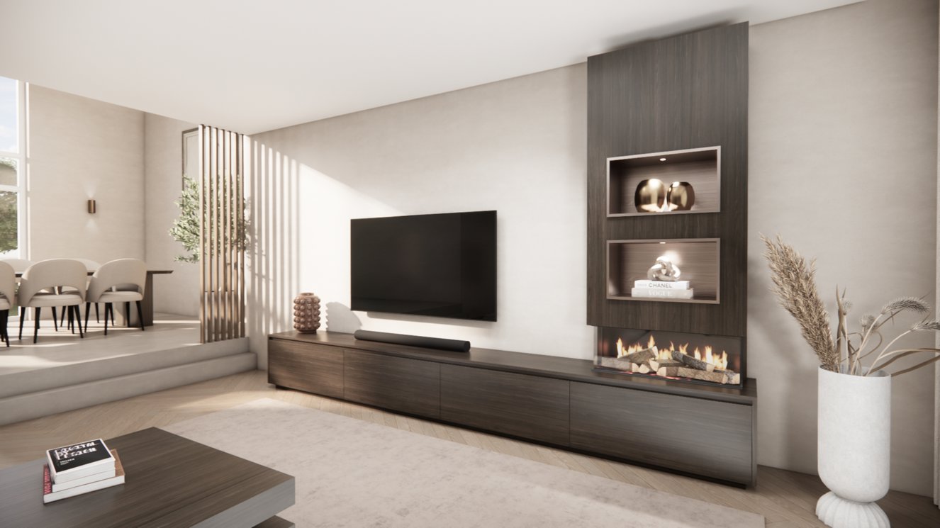 TV-meubel Mason Excellent - Eiken - 4 kleppen - Elektrische haard - Met koof