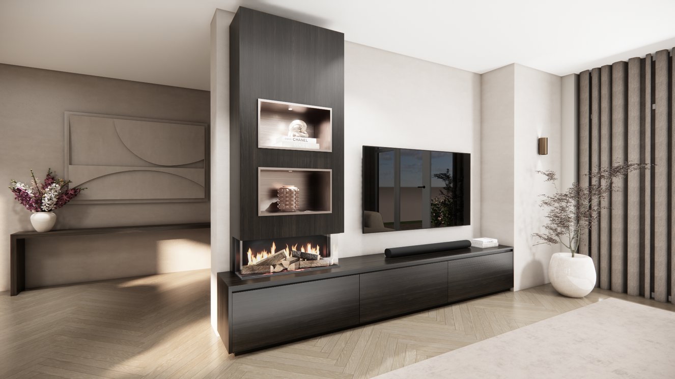 TV-meubel Mason Excellent - Eiken - 3 kleppen - Elektrische haard - Met koof