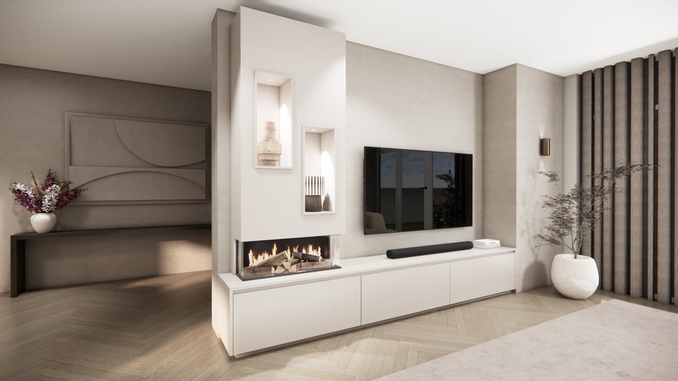 TV-meubel Mason Majestic - Bruin - Eiken - 3 kleppen - Elektrische haard - Met koof