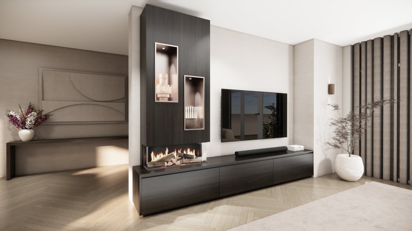 TV-meubel Mason Majestic - Bruin - Eiken - 3 kleppen - Elektrische haard - Met koof
