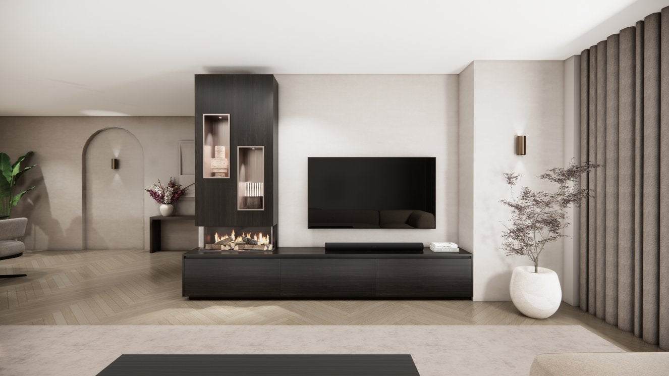 TV-meubel Mason Majestic - Bruin - Eiken - 3 kleppen - Elektrische haard - Met koof