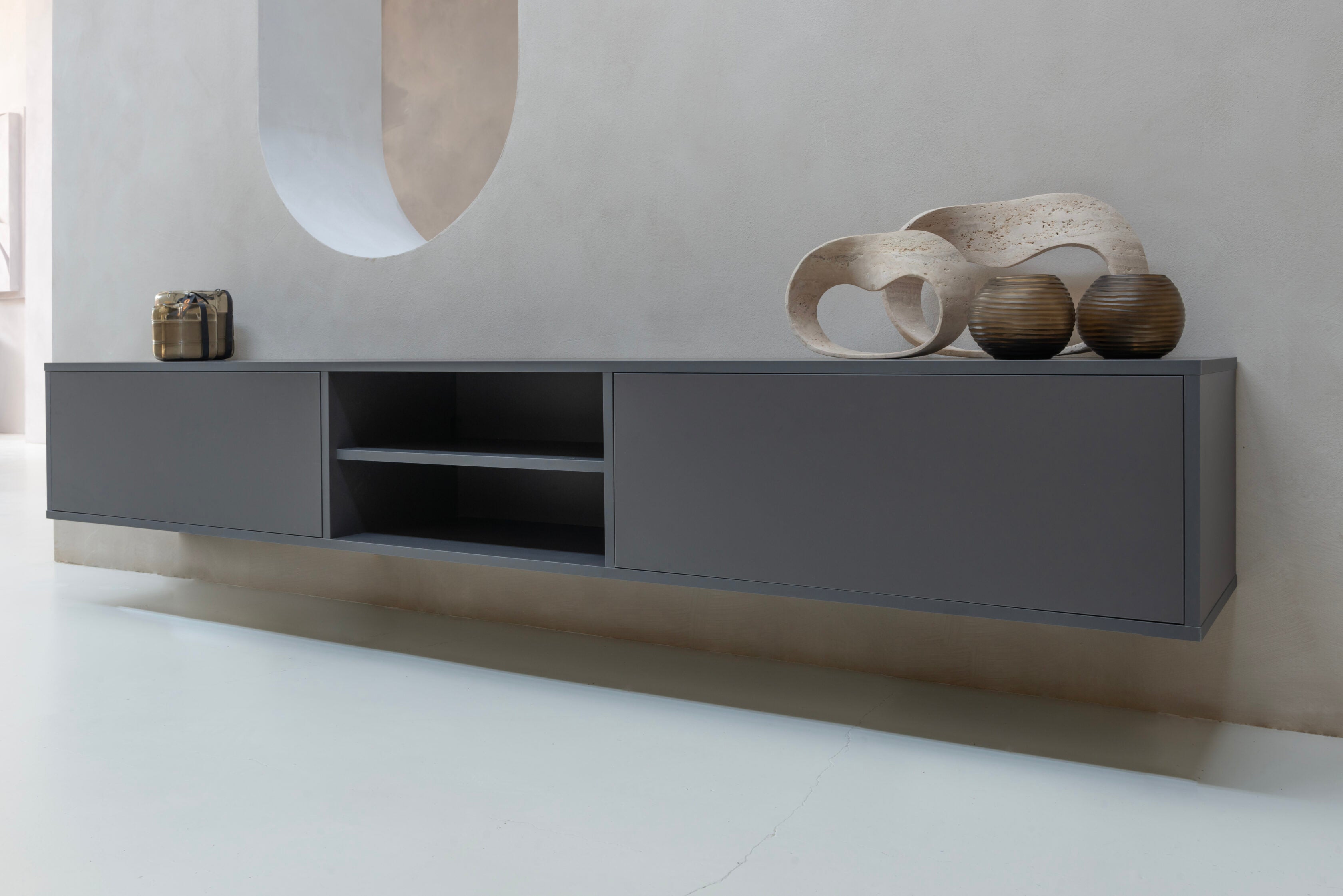 TV-meubel Henry - Zwevend - Grijs - Melamine - 2 kleppen - Open vak