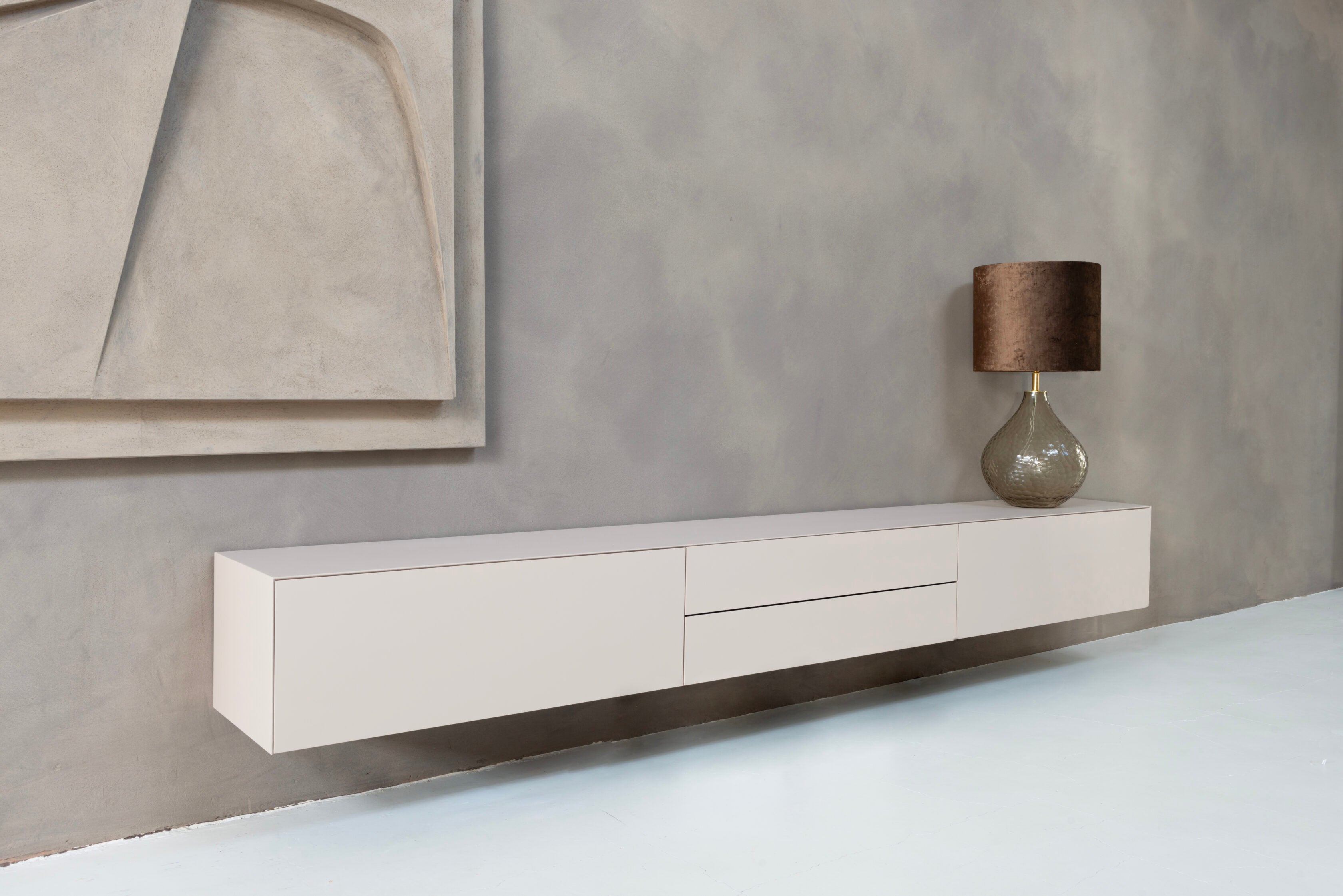 TV-meubel Zyan - Zwevend - Beige - MDF - 2 kleppen - 2 lades