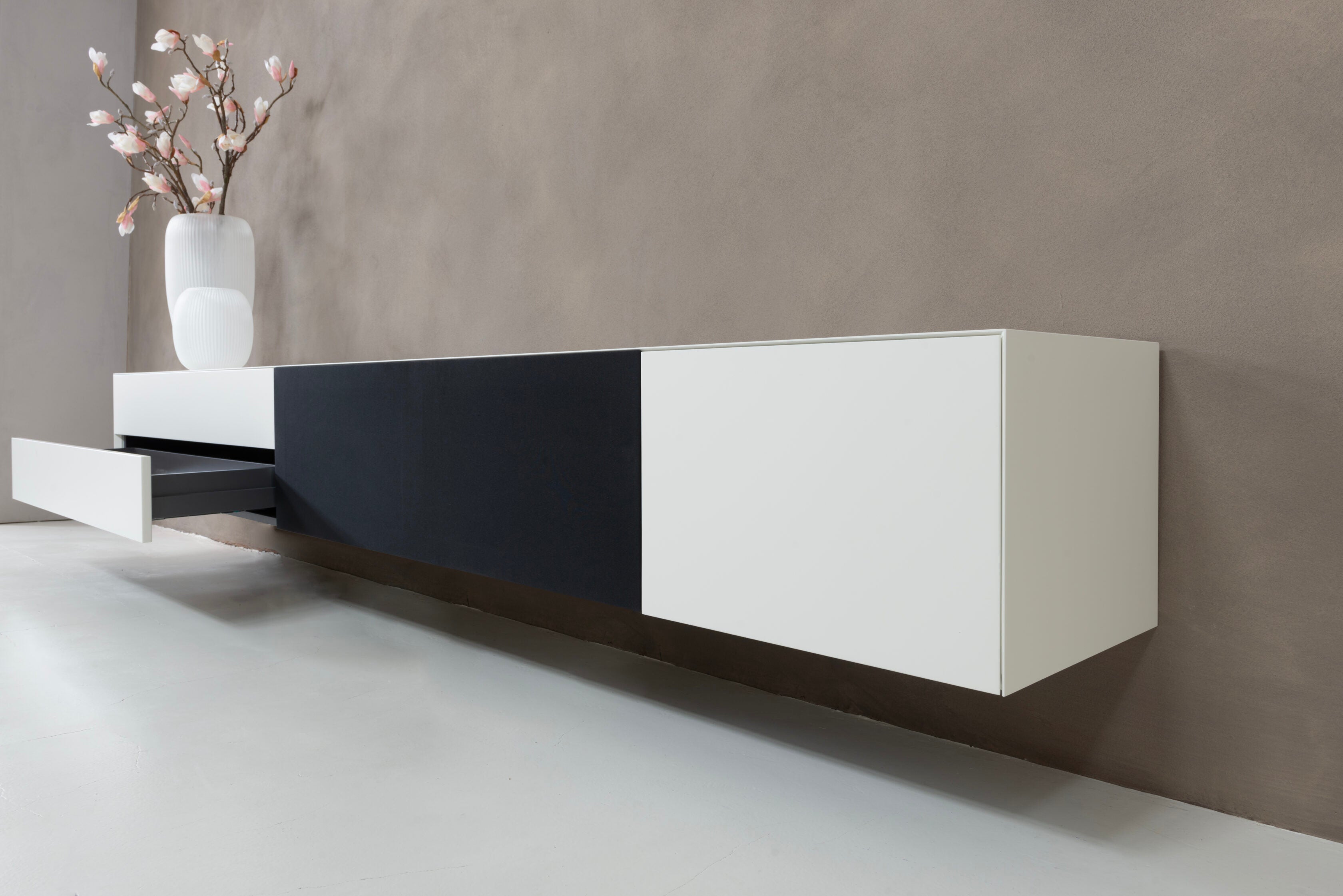 TV-meubel Zyan - Zwevend - Wit - MDF - 3 kleppen - 2 lades