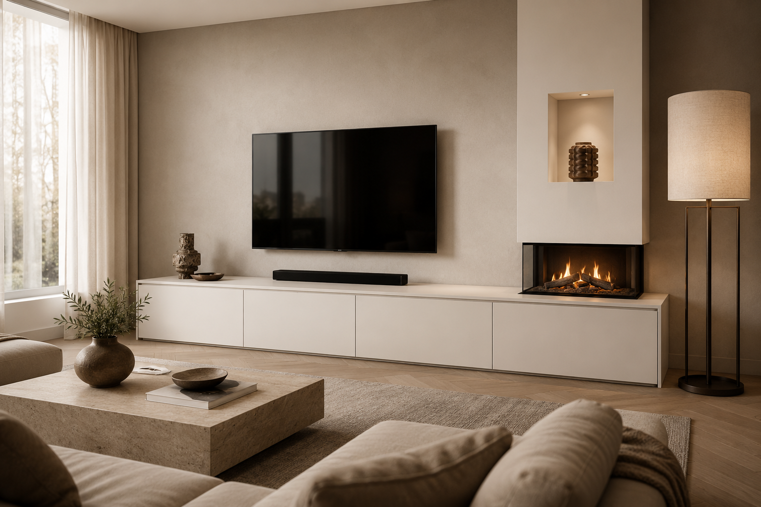 TV-meubel Mason Grand - Eiken - 4 kleppen - Elektrische haard - Met koof