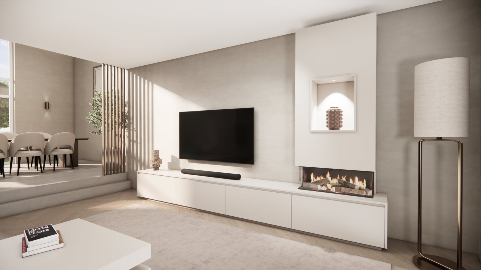 TV-meubel Mason Grand - Beige - Eiken - 4 kleppen - Elektrische haard - Met koof