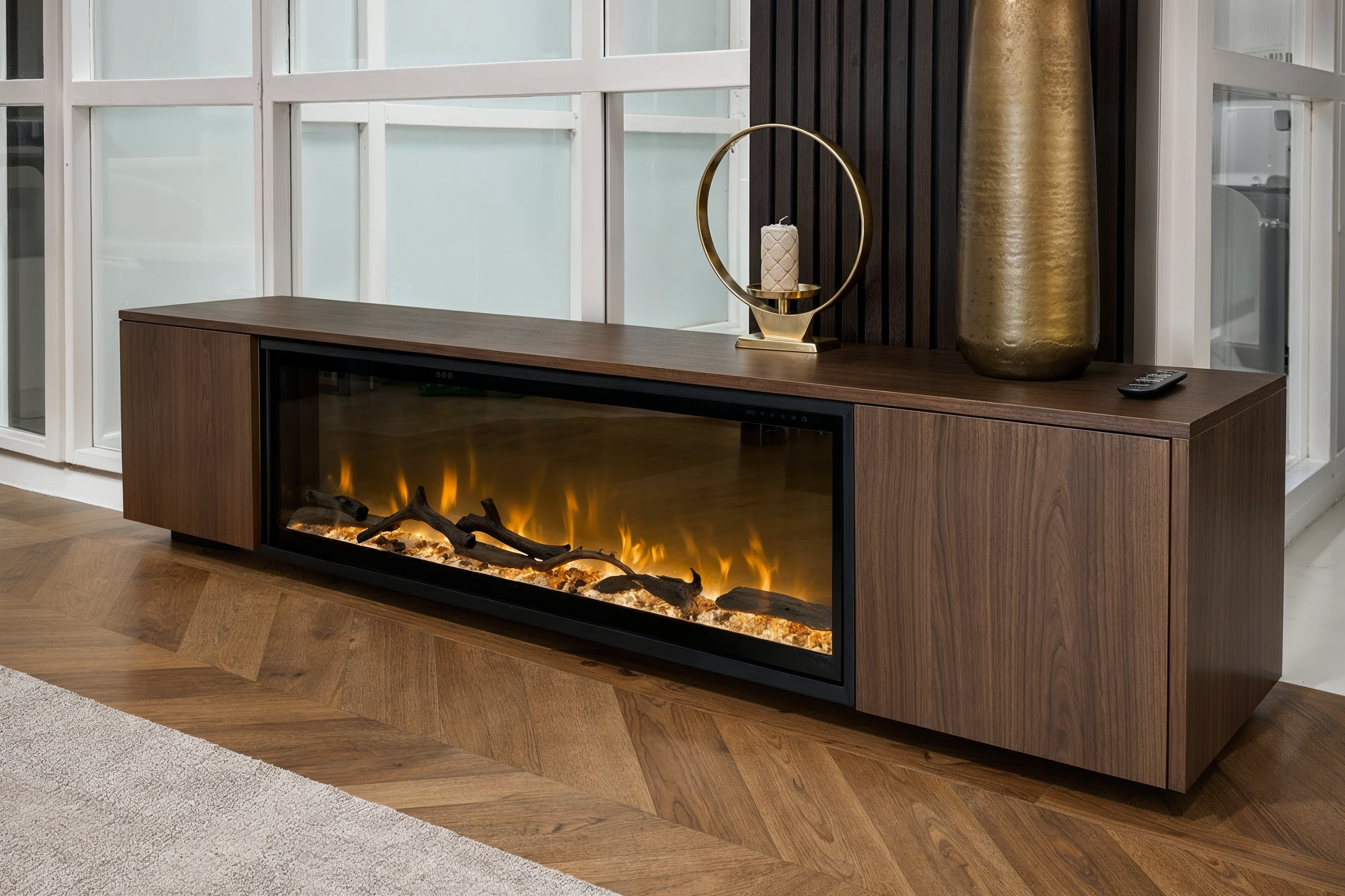 TV-meubel Murphy - Zwevend - Melamine Eiken - 2 deuren - Elektrische haard - 50 inch