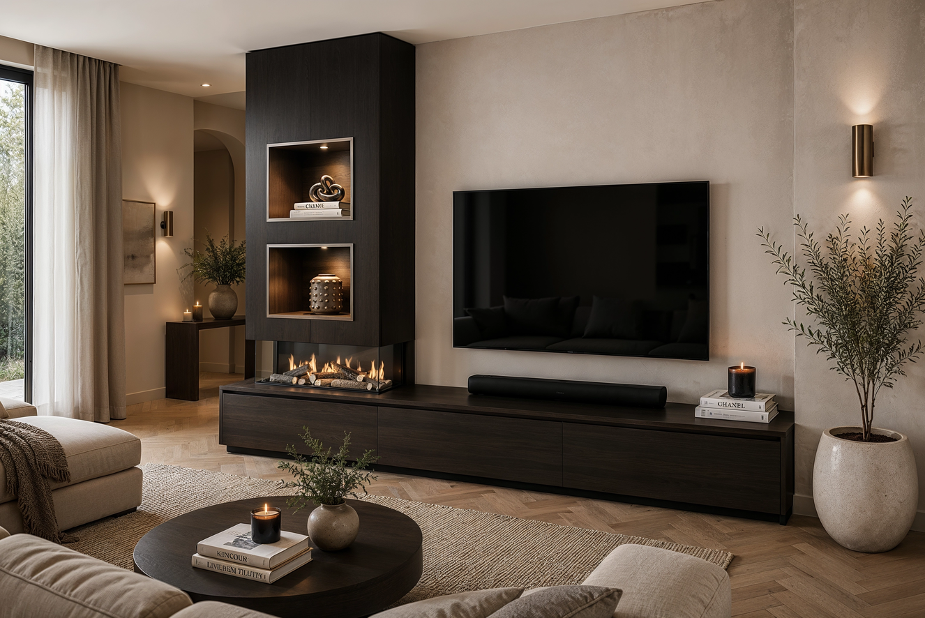 TV-meubel Mason Excellent - Eiken - 3 kleppen - Elektrische haard - Met koof