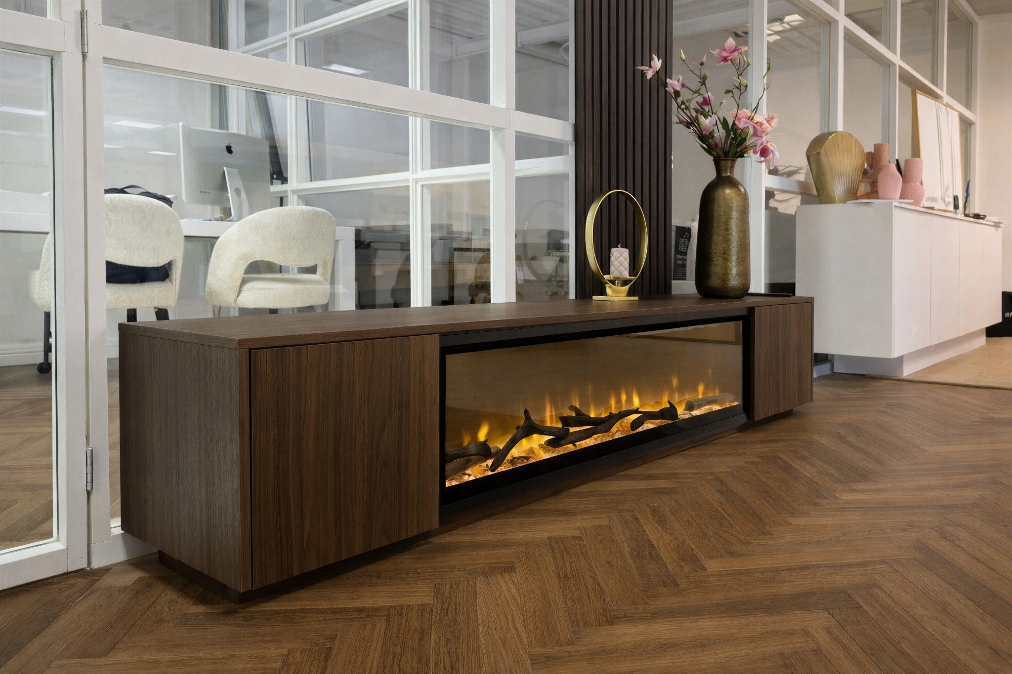 TV-meubel Murphy - Zwevend - Melamine Eiken - 2 deuren - Elektrische haard - 50 inch