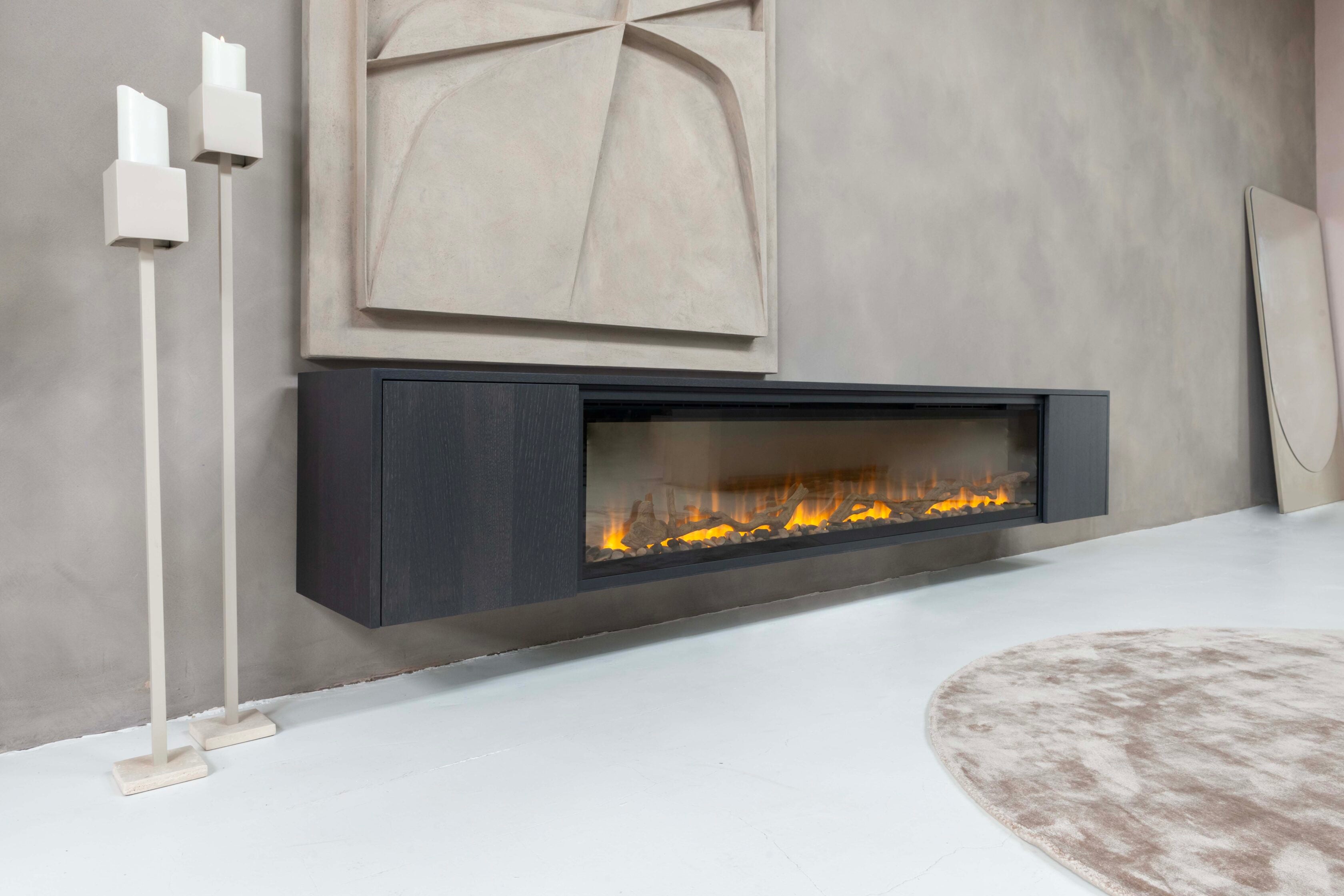 TV-meubel Johnson - Zwevend - Zwart - MDF - 2 deuren - Elektrische haard - 74 inch