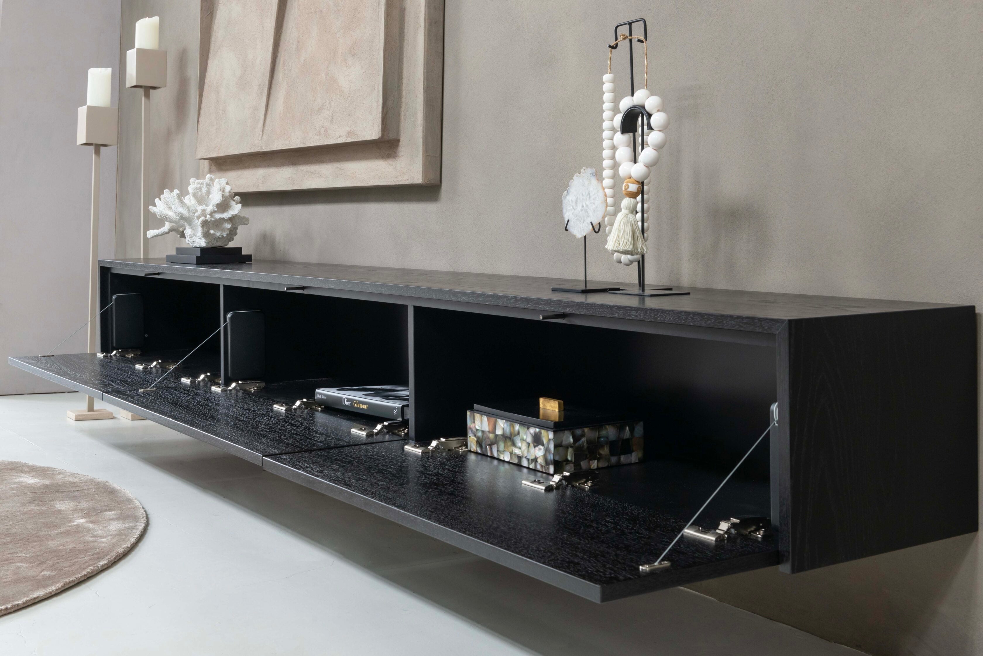 TV-meubel Johnson - Zwevend - Zwart - Eiken - 3 kleppen