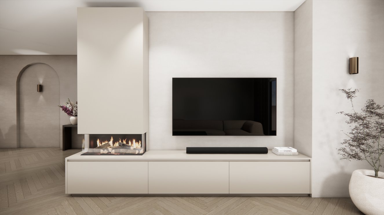 TV-meubel Mason Classic - Beige - Eiken - 3 kleppen - Elektrische haard - Met koof