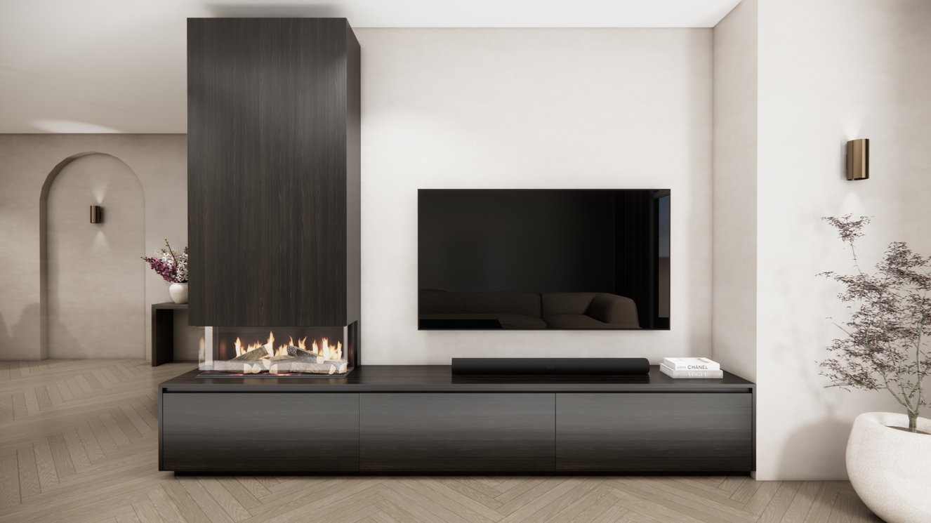 TV-meubel Mason Classic - Beige - Eiken - 3 kleppen - Elektrische haard - Met koof