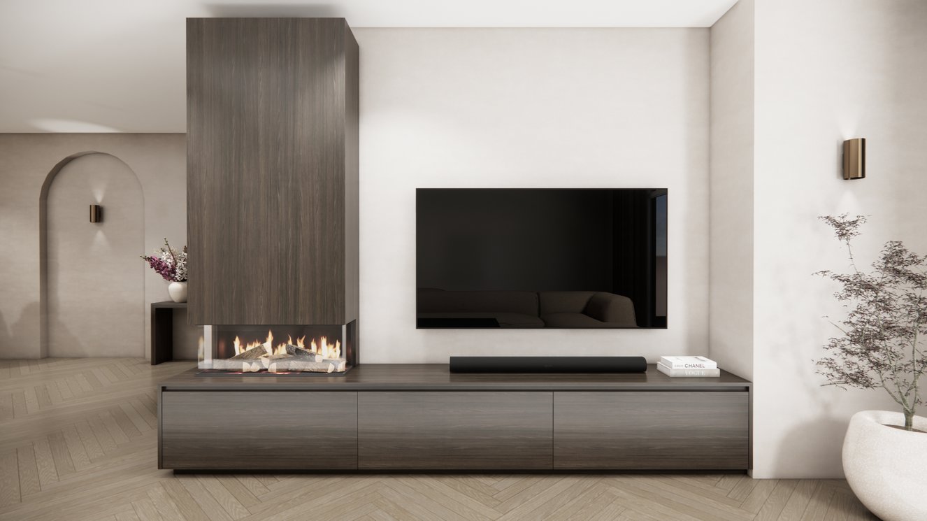 TV-meubel Mason Classic - Beige - Eiken - 3 kleppen - Elektrische haard - Met koof