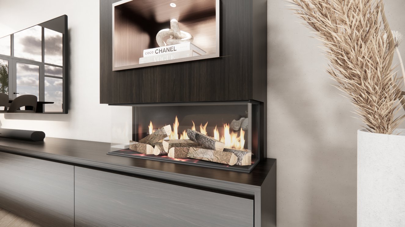 TV-meubel Mason Excellent - Bruin - Eiken - 4 kleppen - Elektrische haard - Met koof