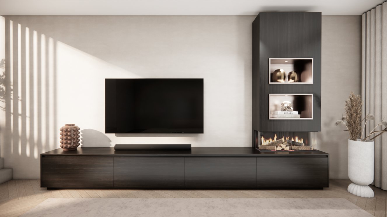 TV-meubel Mason Excellent - Bruin - Eiken - 4 kleppen - Elektrische haard - Met koof