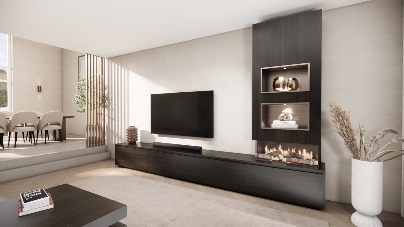 TV-meubel Mason Excellent - Bruin - Eiken - 4 kleppen - Elektrische haard - Met koof