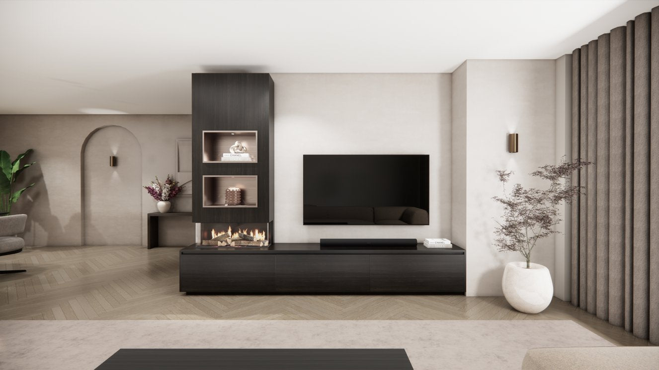 TV-meubel Mason Excellent - Bruin - Eiken - 3 kleppen - Elektrische haard - Met koof
