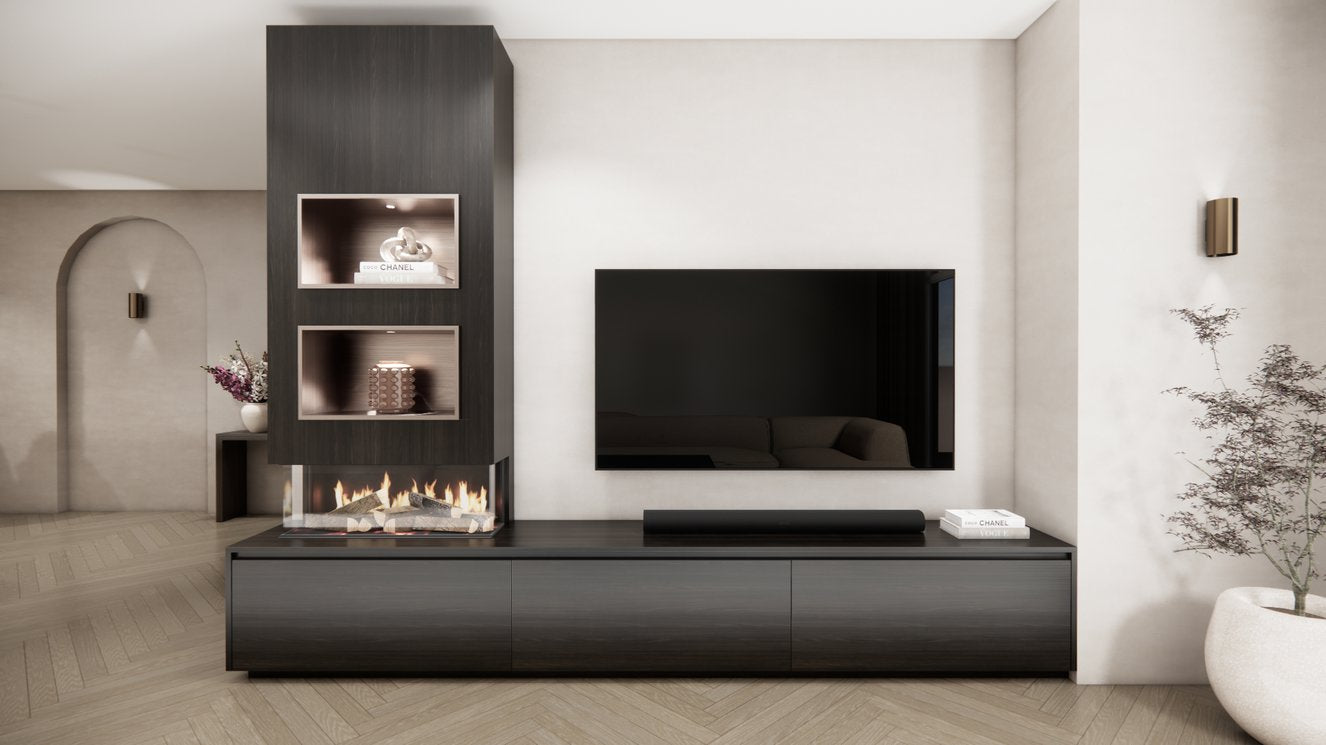 TV-meubel Mason Excellent - Bruin - Eiken - 3 kleppen - Elektrische haard - Met koof