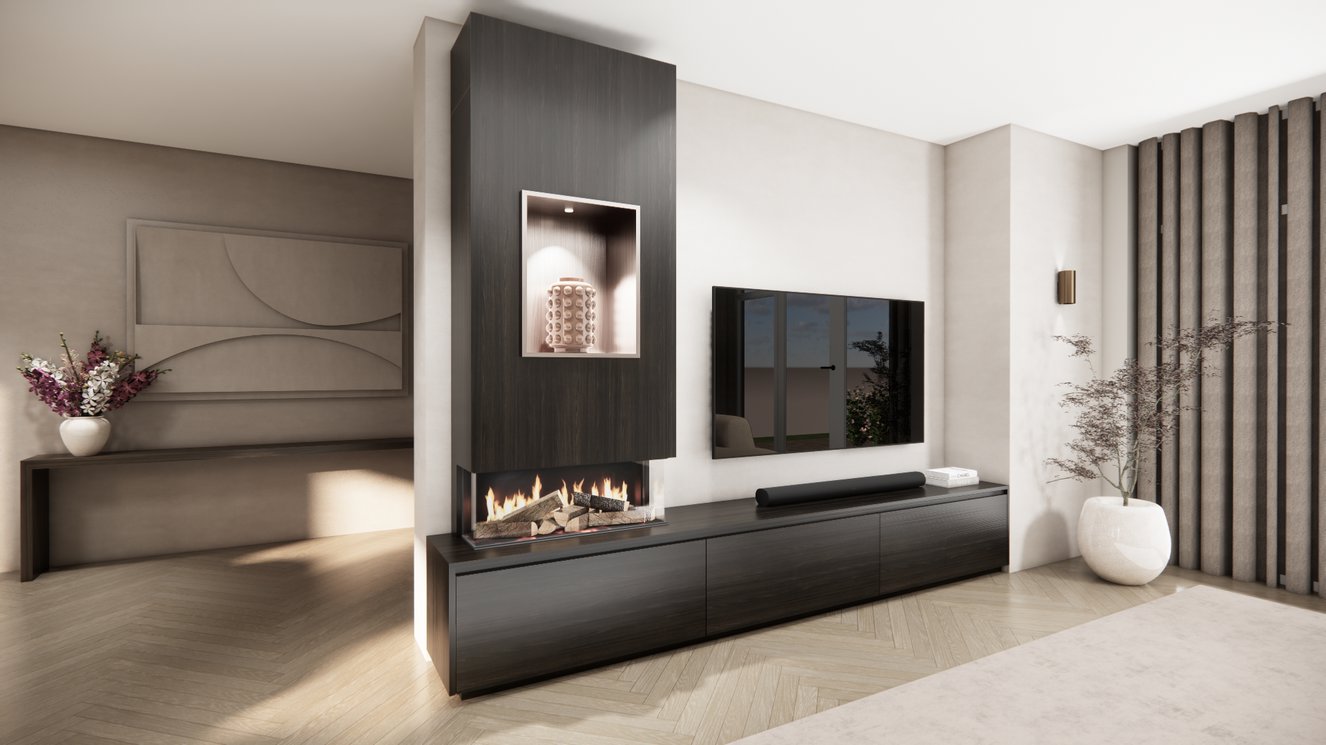 TV-meubel Mason Grand - Bruin - Eiken - 3 kleppen - Elektrische haard - Met koof