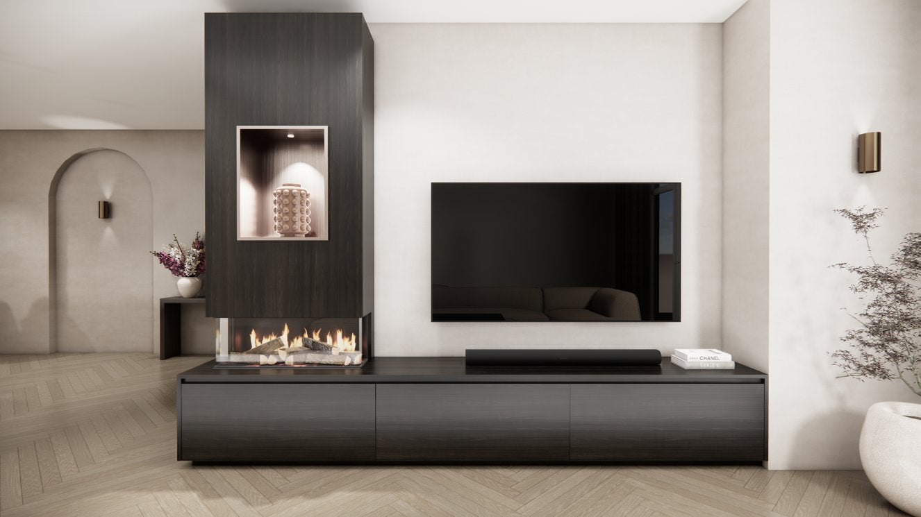 TV-meubel Mason Grand - Bruin - Eiken - 3 kleppen - Elektrische haard - Met koof