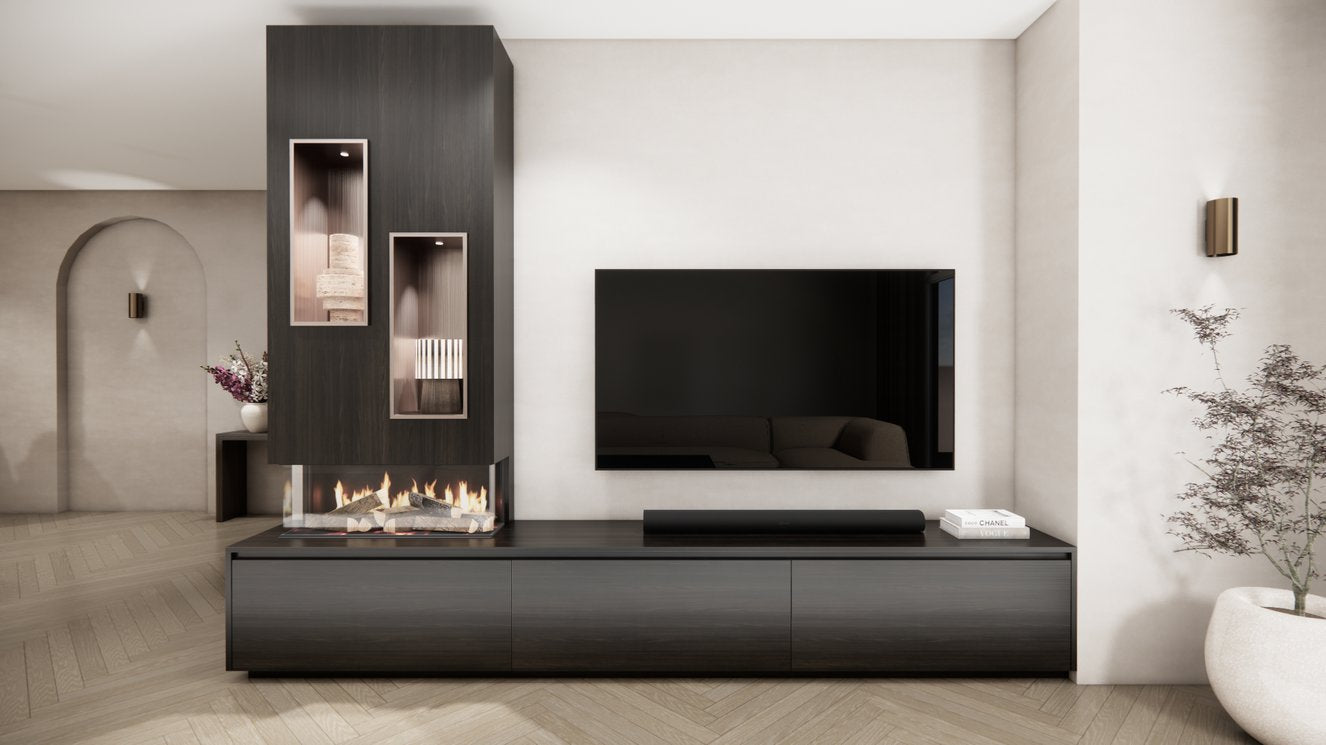 TV-meubel Mason Majestic - Bruin - Eiken - 3 kleppen - Elektrische haard - Met koof