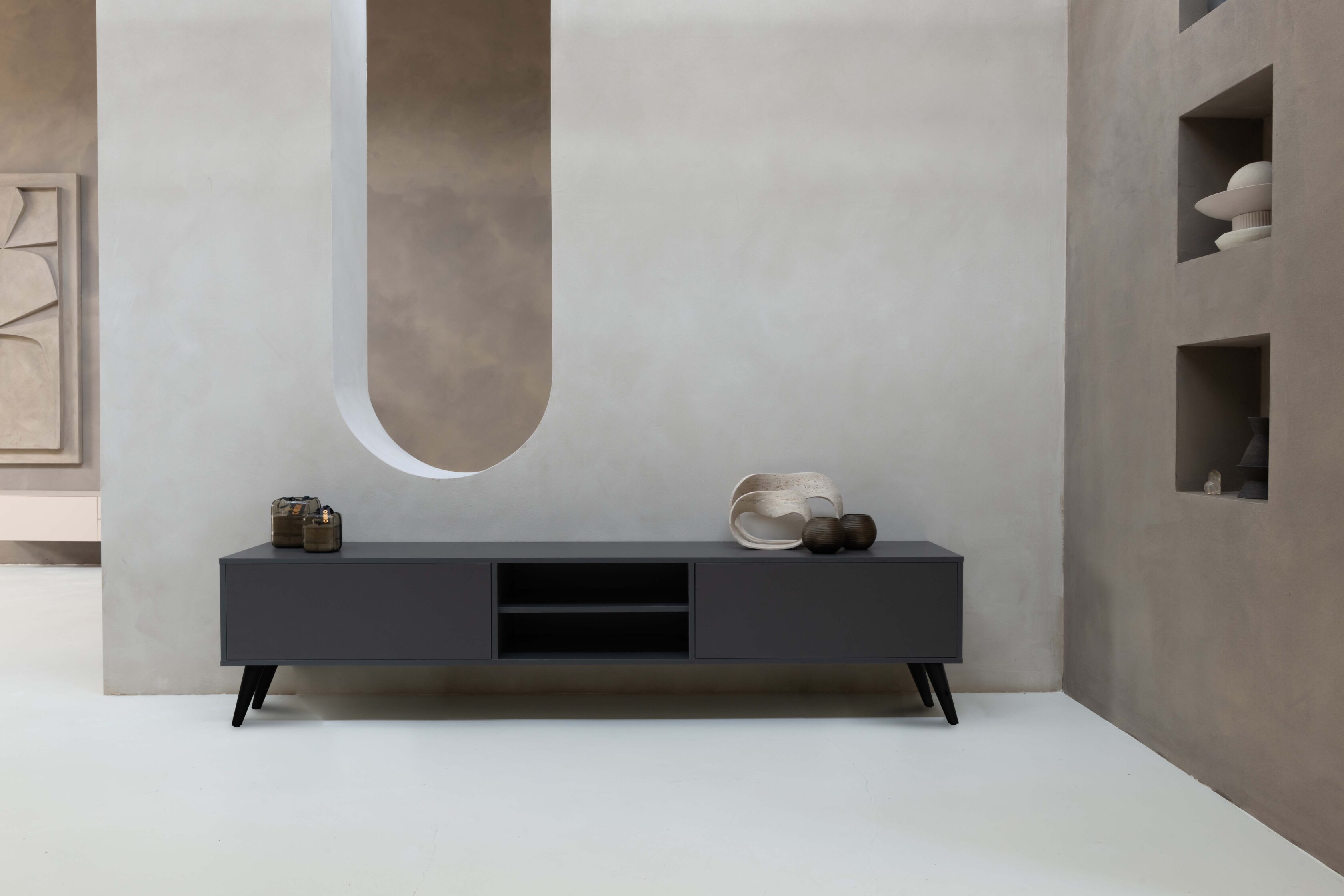 TV-meubel Henry - Staand - Grijs - Melamine - 2 kleppen - Open vak