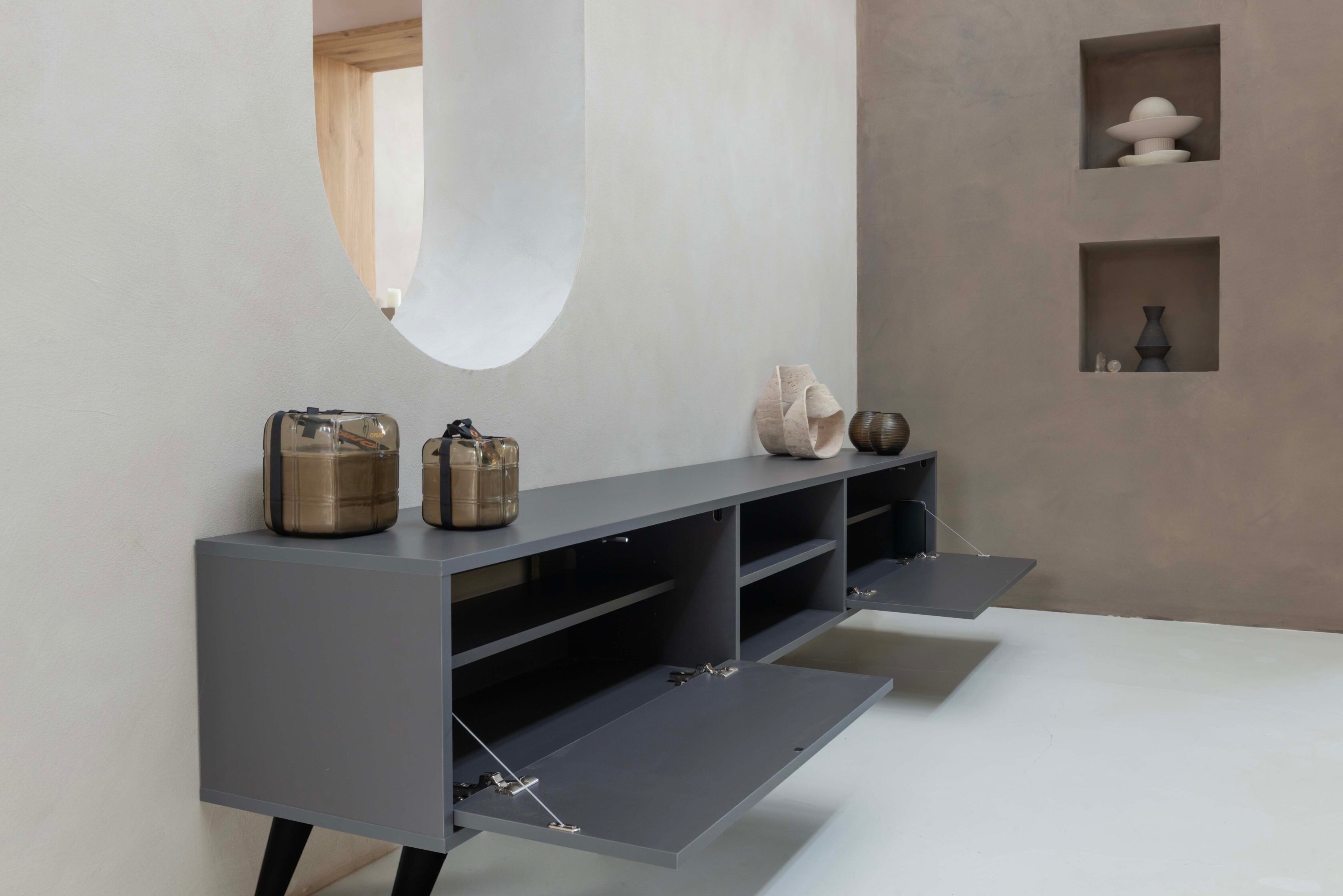 TV-meubel Henry - Staand - Grijs - Melamine - 2 kleppen - Open vak