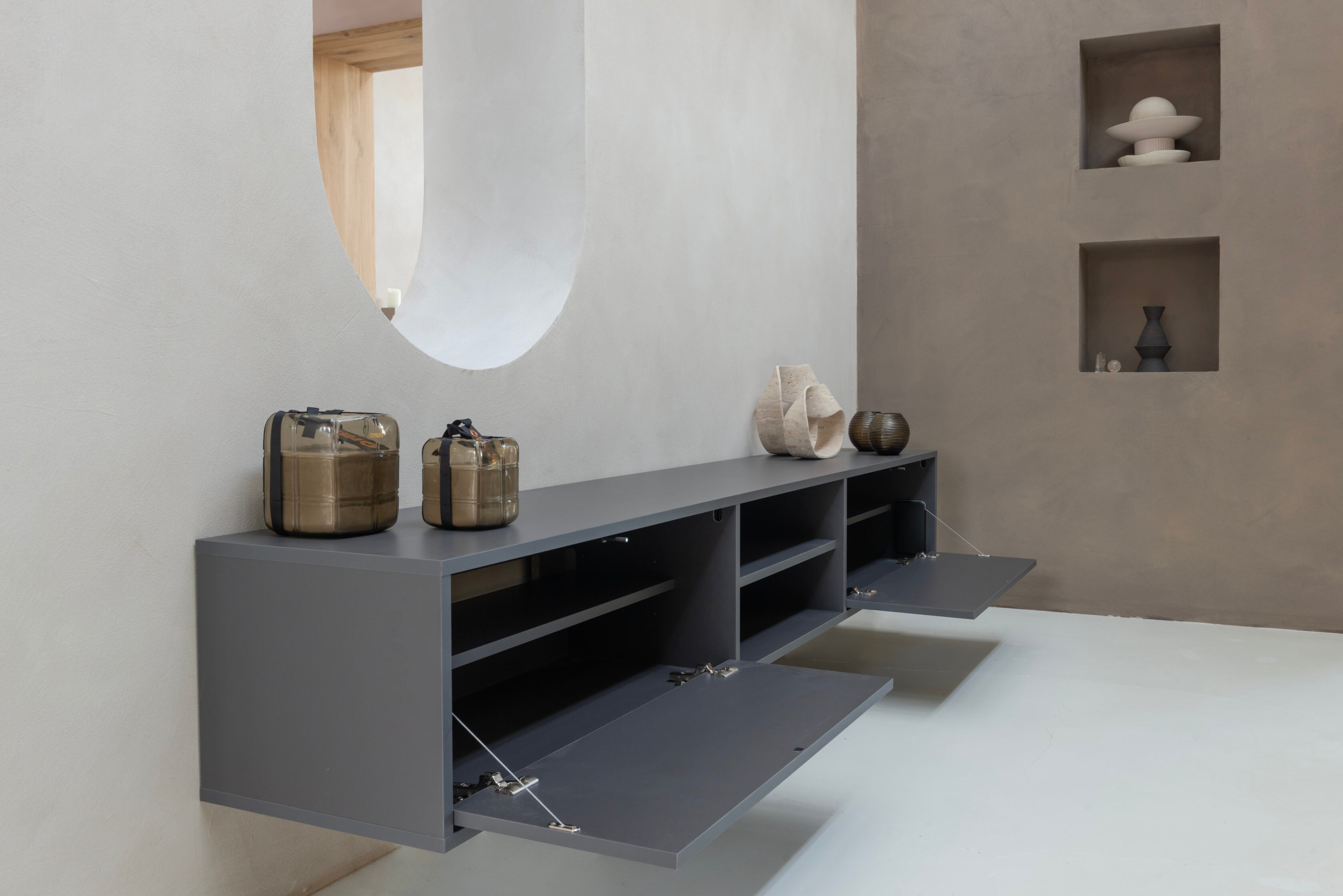 TV-meubel Henry - Zwevend - Grijs - Melamine - 2 kleppen - Open vak
