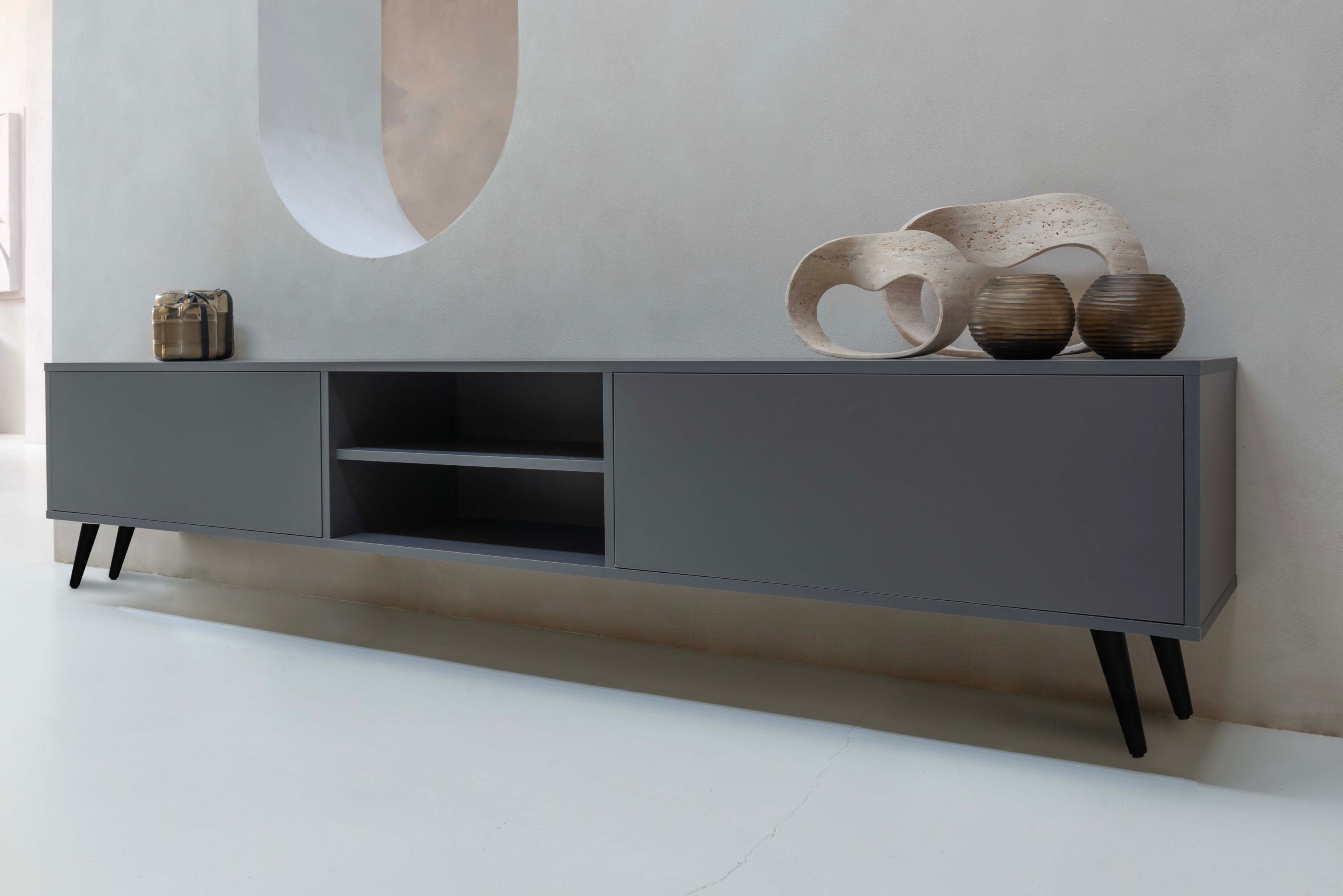TV-meubel Henry - Staand - Grijs - Melamine - 2 kleppen - Open vak