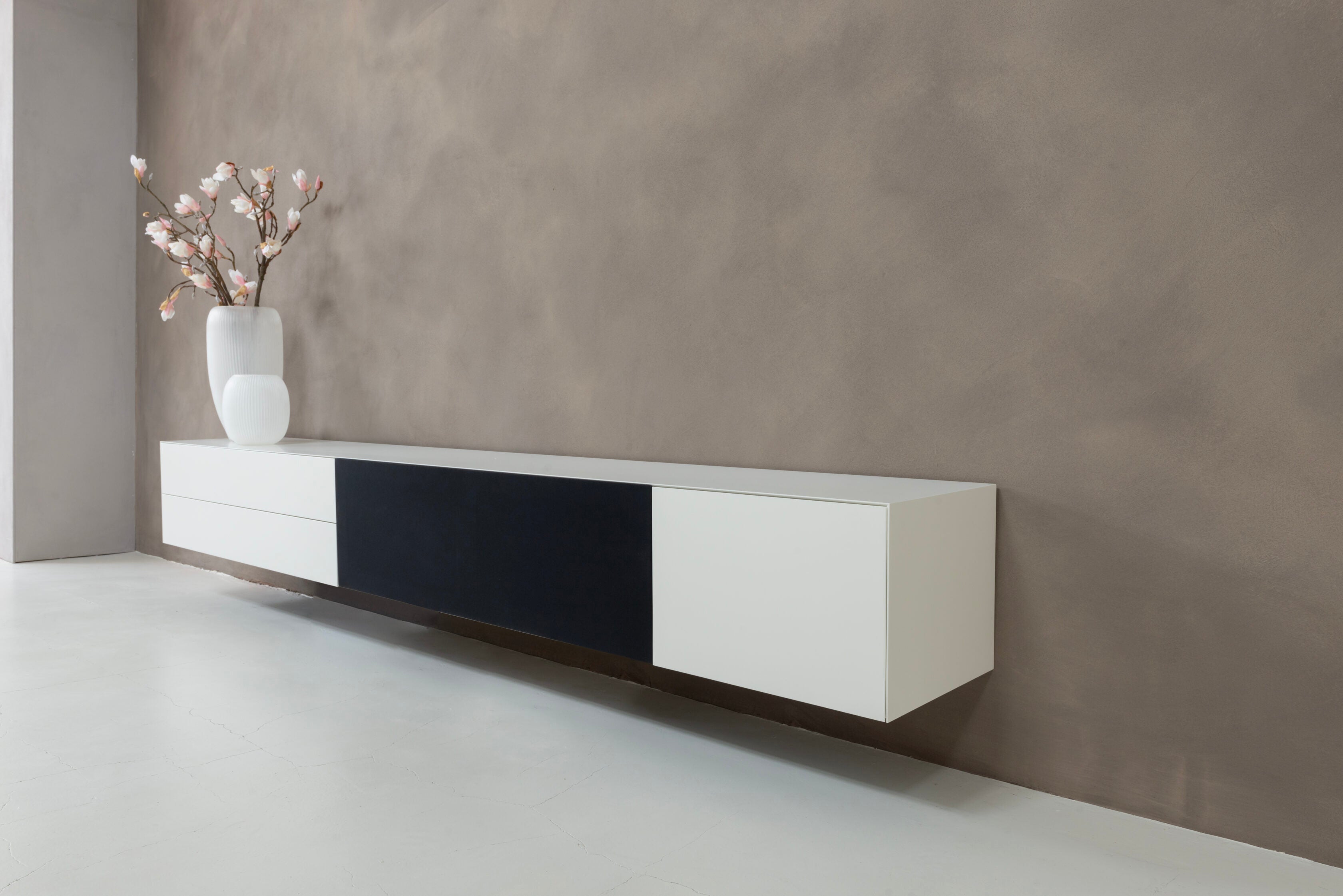 TV-meubel Zyan - Zwevend - Wit - MDF - 3 kleppen - 2 lades