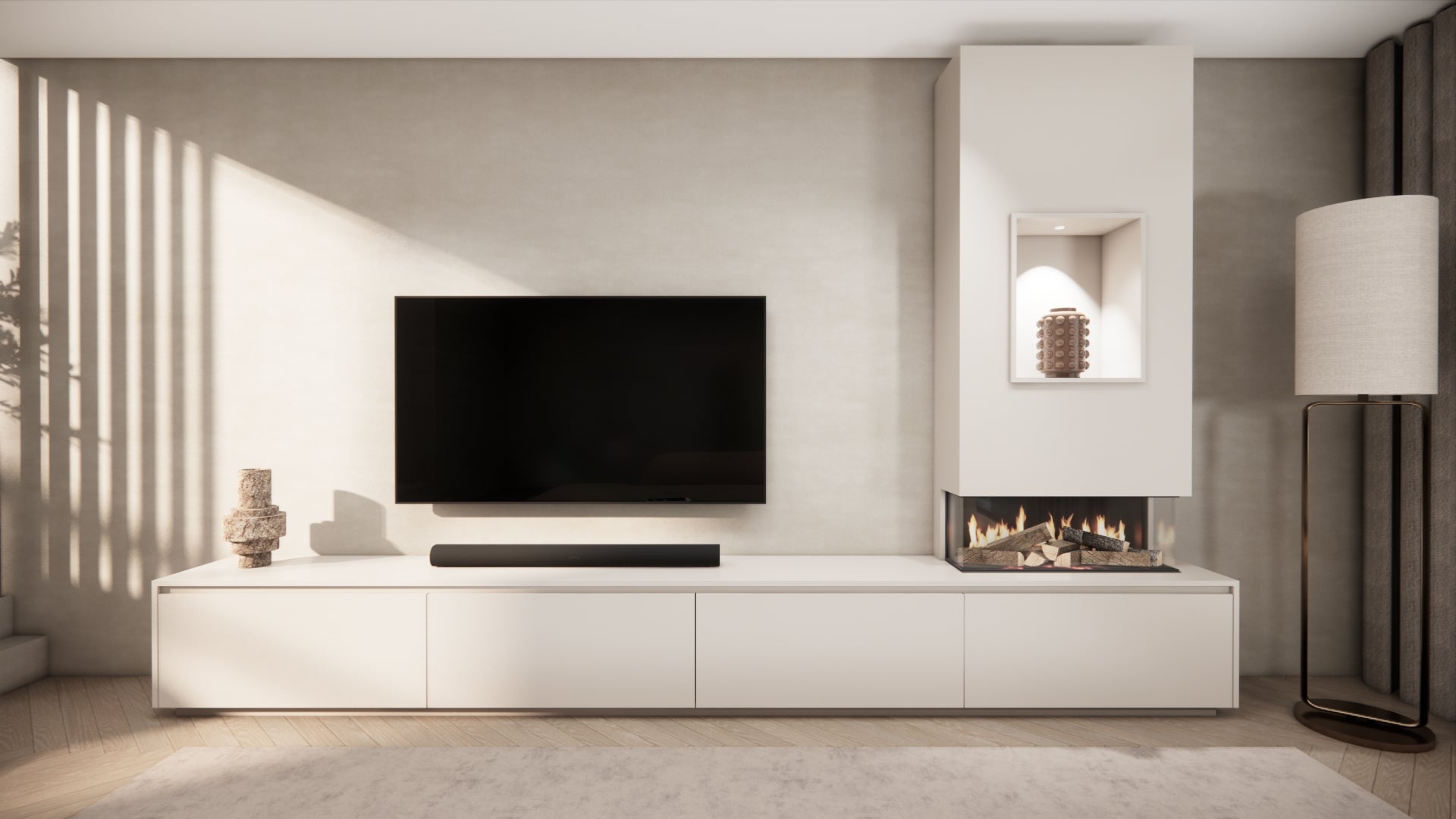 TV-meubel Mason Grand - Beige - Eiken - 4 kleppen - Elektrische haard - Met koof