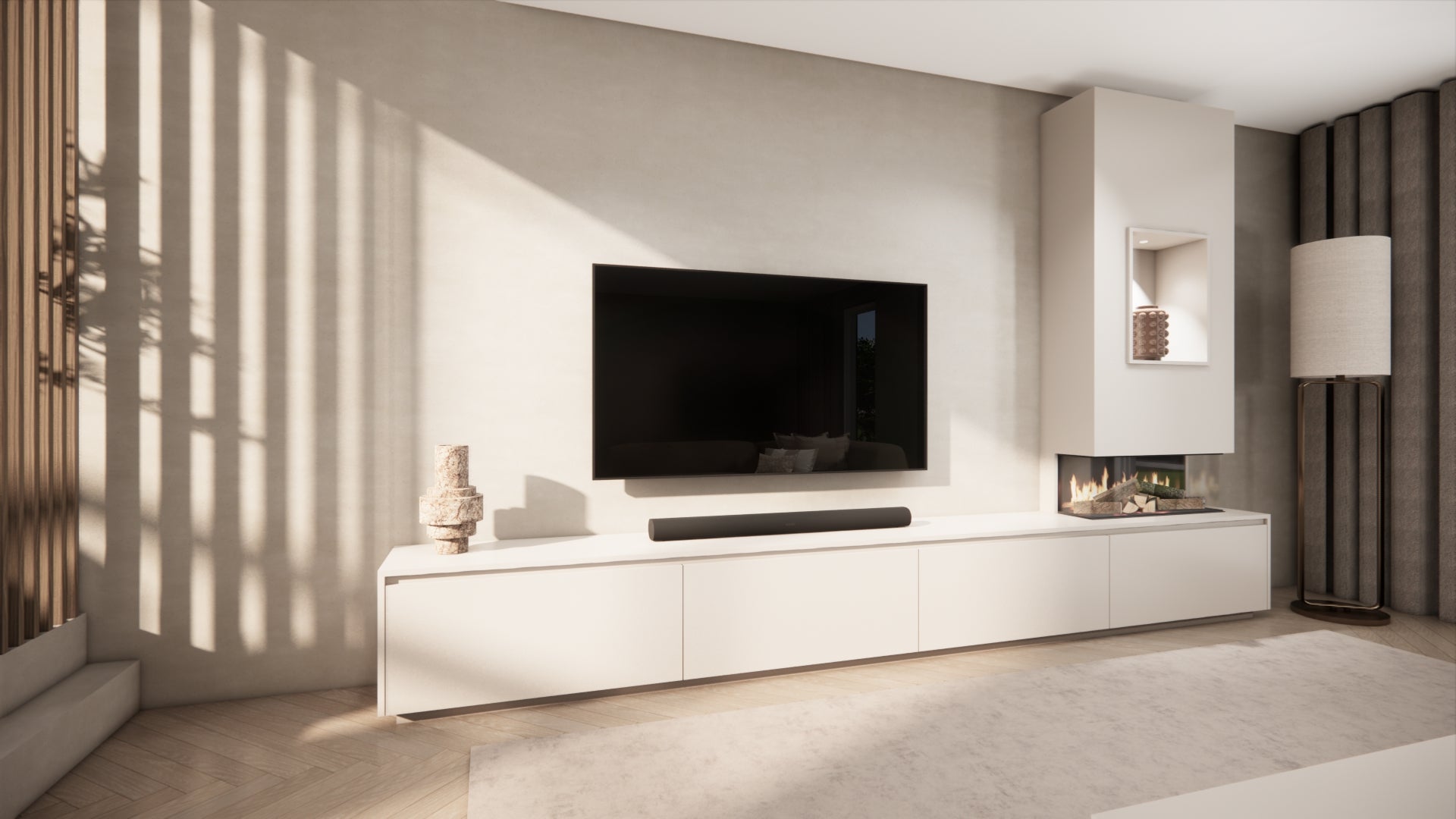 TV-meubel Mason Grand - Beige - Eiken - 4 kleppen - Elektrische haard - Met koof
