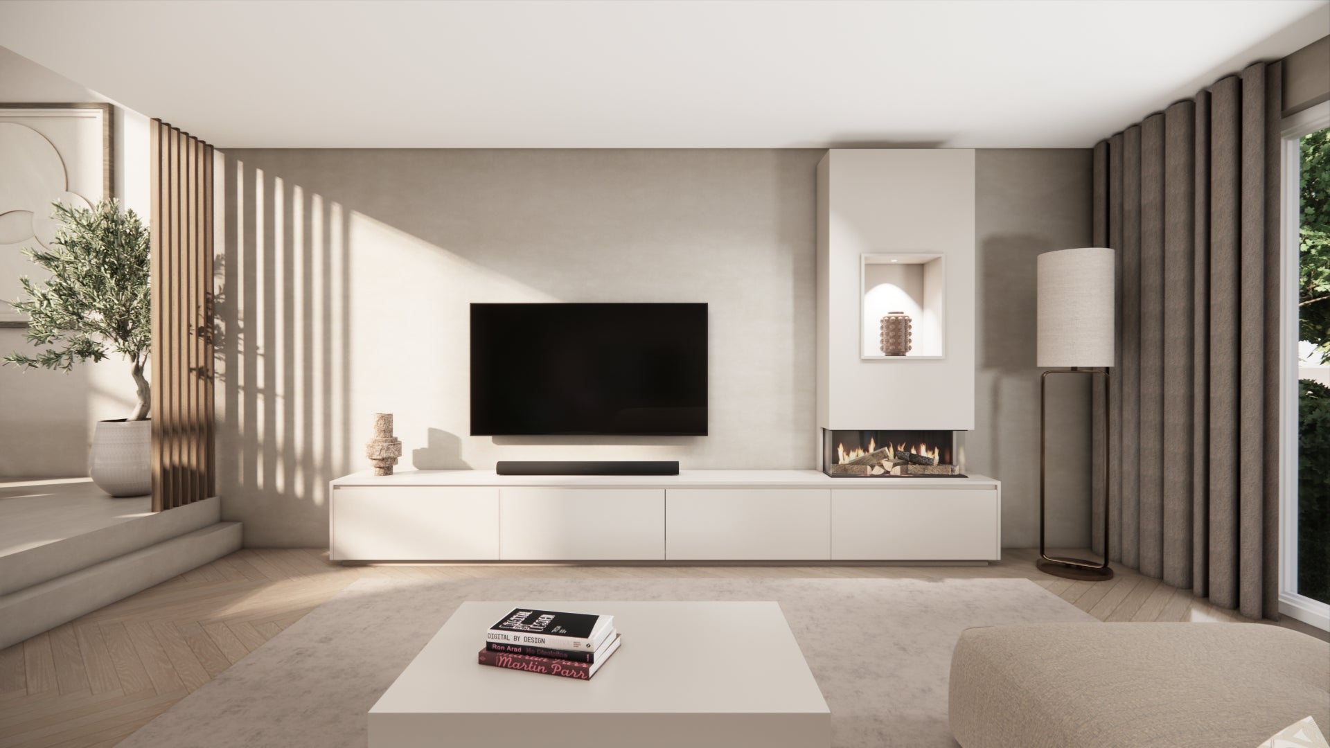 TV-meubel Mason Grand - Beige - Eiken - 4 kleppen - Elektrische haard - Met koof