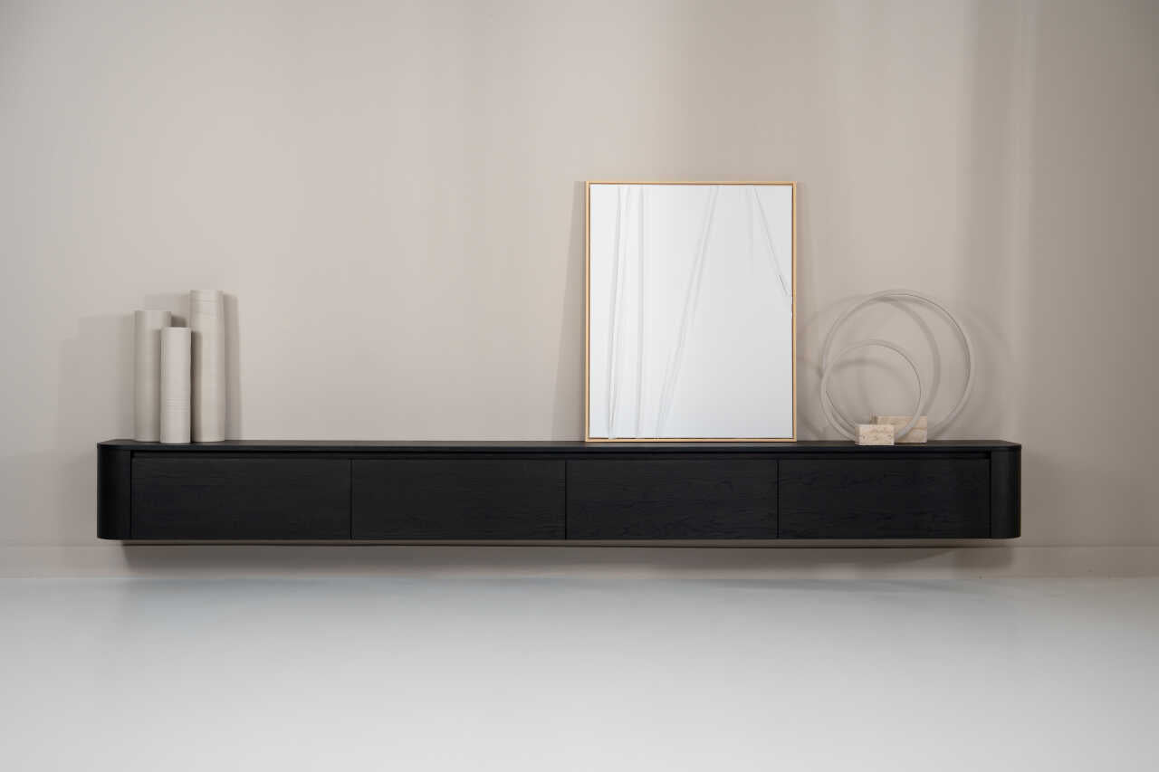 TV-meubel Runa - Zwevend - Zwart - Eiken - 4 kleppen