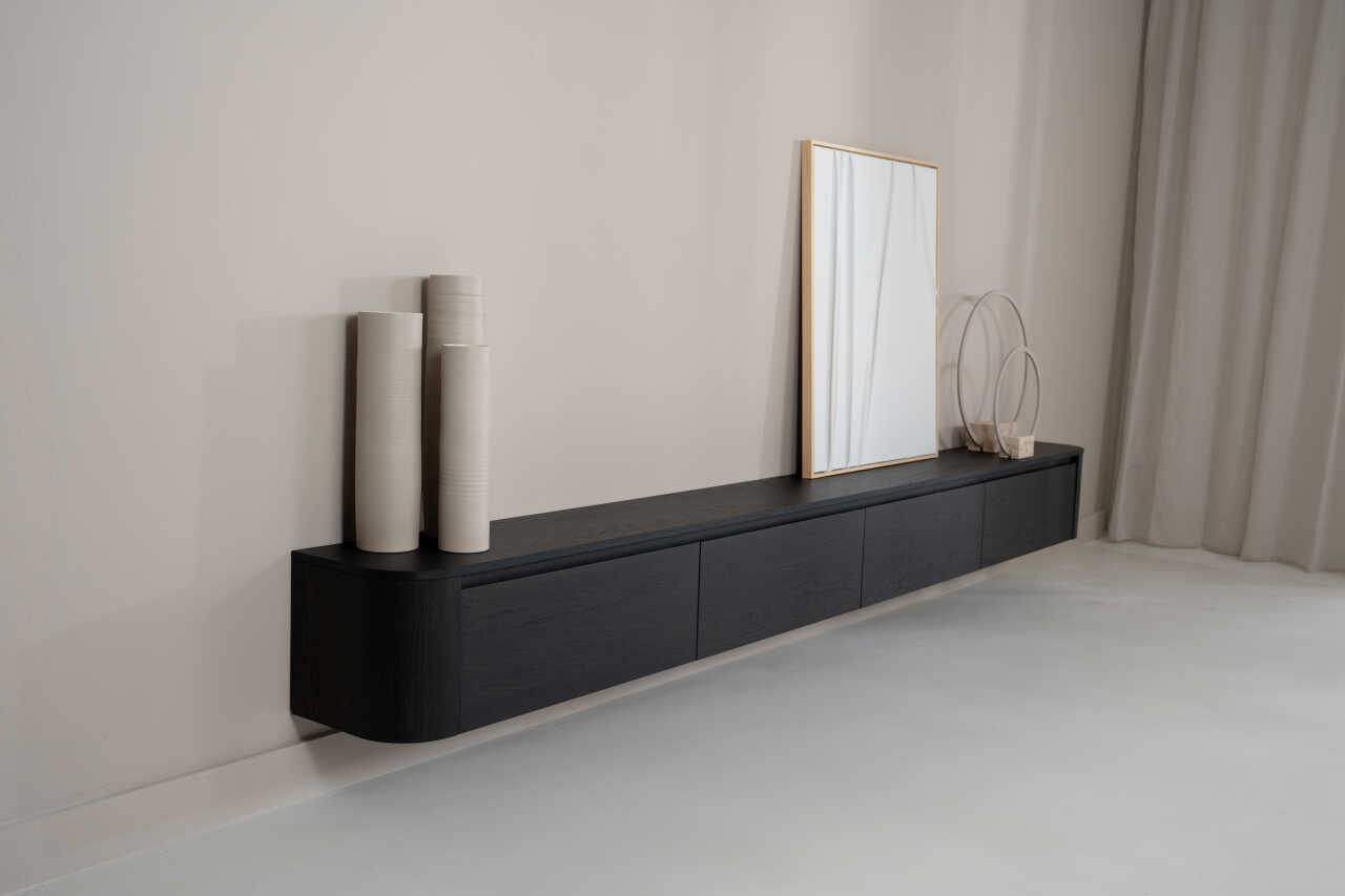 TV-meubel Runa - Zwevend - Zwart - Eiken - 4 kleppen