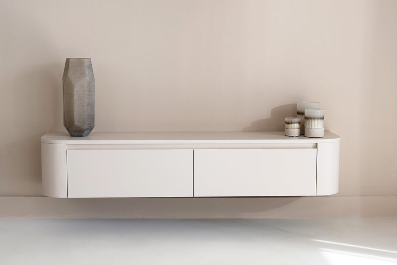Stijlvol zwevend TV meubel van eikenhout voor een moderne woonkamer Stijlvol zwevend TV meubel van eikenhout voor een moderne woonkamer