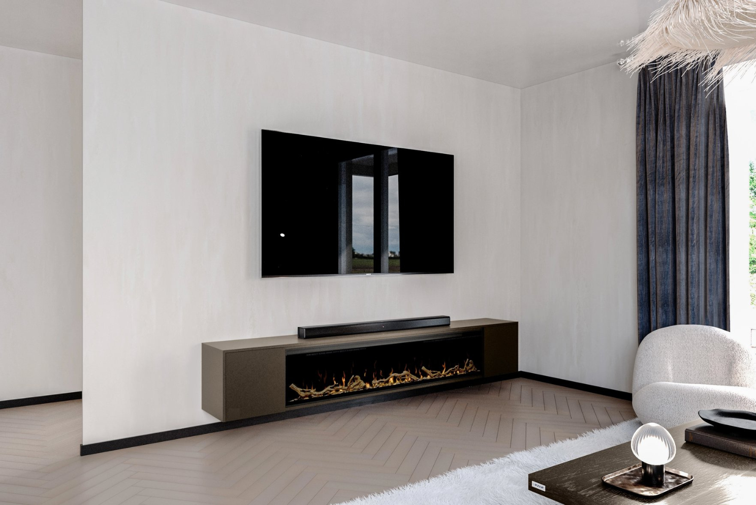 TV-meubel Johnson - Zwevend - MDF - 2 deuren - Elektrische haard - 74 inch