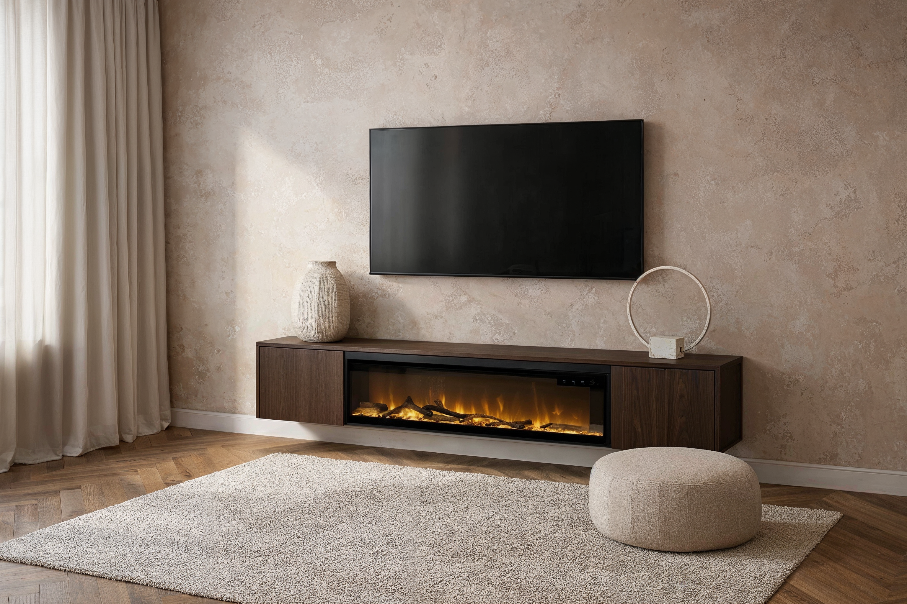 TV-meubel Murphy - Zwevend - Melamine Eiken - 2 deuren - Elektrische haard - 50 inch