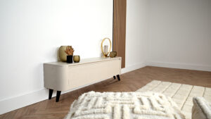 Runa | tv meubel met zwarte retro pootjes | Eiken | Rond Design | 2 Kleppen | 120 – 160 cm