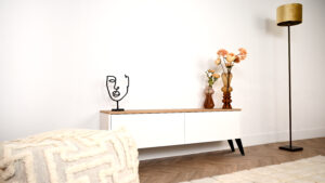Nika | tv meubel op zwarte retro pootjes | 2 Kleuren | MDF & Eiken | Scandinavisch Design | 2 Kleppen | 120 – 160 cm