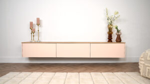 Nika | Zwevend tv-meubel | 2 Kleuren | MDF & Eiken | Scandinavisch Design | 3 Kleppen | 180 – 300 cm