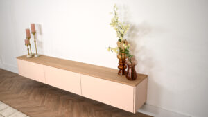 Nika | Zwevend tv-meubel | 2 Kleuren | MDF & Eiken | Scandinavisch Design | 3 Kleppen | 180 – 300 cm