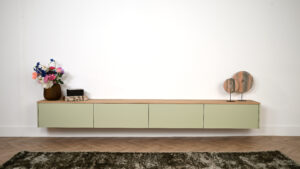 Nika | Zwevend tv-meubel | 2 Kleuren | MDF & Eiken | Scandinavisch Design | 4 Kleppen | 220 – 400cm