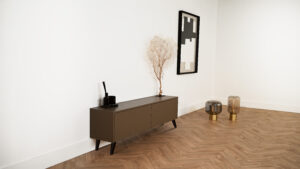Jessie | tv meubel op zwarte retro pootjes | Strak | Eiken | Scandinavisch Design | 2 Kleppen | 120 – 160 cm