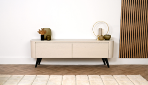 Runa | tv meubel met zwarte retro pootjes | Eiken | Rond Design | 2 Kleppen | 120 – 160 cm