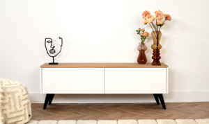 Nika | tv meubel op zwarte retro pootjes | 2 Kleuren | MDF & Eiken | Scandinavisch Design | 2 Kleppen | 120 – 160 cm