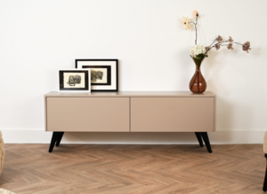 Jessie | tv meubel op zwarte retro pootjes | Strak | MDF | Scandinavisch Design | 2 Kleppen | 120 – 160 cm